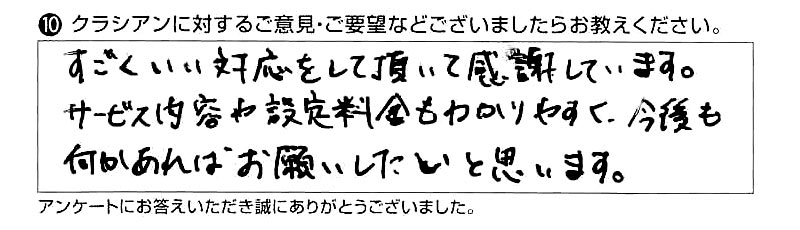 すごくいい対応をして頂いて感謝しています。サービス内容や設定料金もわかりやすく、今後も何かあればお願いしたいと思います。